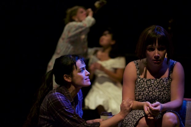 From left: Cosette Derome and Lucy Hill in a scene from Salt. In the bg from left: Philippa Domville and Stephanie Jung. Photo by Robert Harding.